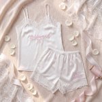 Personalized Elegant Soft Satin Lace-Trim Embroidered Pajama Set with Text and Date Bridal Shower Honeymoon Gift for Bride to Be