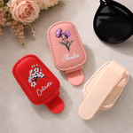Personalized Multicolor Birth Flower PU Leather Car Sunglass Holder with Name Daily Use Birthday Gift for Woman Man