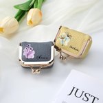 Personalised Ink Painting Style Birth Flower Portable Genuine Leather Mini Jewellery Case with Kiss Lock and Name Daily Use Birthday Gift for Women