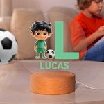 Personalized 3D Soccer Cartoon Character LED Night Light with Name Initial and Wooden Base Room Decor Birthday Gift for Boys Girls