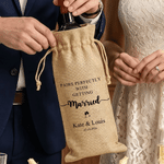 Personalized Wedding Theme Drawstring Wine Bag with Text Name and Year Wedding Engagement Party Gift for Bride Groom Couple