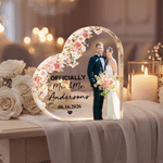 Personalized Flower Couple Photo Heart-Shaped Acrylic Plaque with Surname and Date Home Decor Wedding Birthday Gift for Couple Newlywed