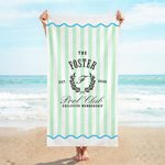 Gepersonaliseerde strandhanddoek met naam in gestreepte Pool Club exclusieve lidmaatschapsstijl zomervakantie  en verjaardagscadeau voor familie