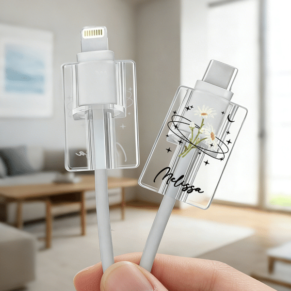 Personalized Birth Flower Set of 2 Acrylic Cable Protector with Name for iPhone Type-C Daily Use Birthday Gift for Besties Family Friends