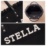 Personalised Pearl Name Tassel Trim Woven Canvas Tote Bag Daily Use Beach Vacation Birthday Gift for Women