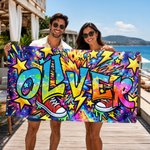Asciugamano da spiaggia personalizzato in microfibra con nome, musica, sport, stelle, graffiti, asciugatura rapida, regalo di compleanno per bambini e famiglie.