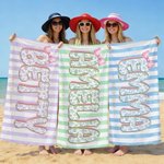 Spersonalizowany ręcznik plażowy z mikrofibry z różową kokardą i imieniem w paski, szybkoschnący, ponadgabarytowy, podróżny prezent urodzinowy dla kobiet