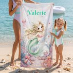 Personalized Cute Cartoon Mermaid Soft Quick Dry Beach Towel with Name Vacation Beach Party Gift for Women Girls