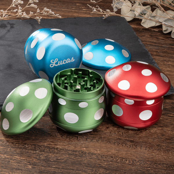 Personalized Mushroom Metal Herb Grinder with Name Mesh Sieve and Mini Scraper Daily Use Birthday Gift for Men Women
