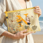 Personalized Cartoon Character Initial Waterproof Transparent Mesh Pool Bag with Birth Flower and Name Beach Party Daily Use Birthday Gift for Women