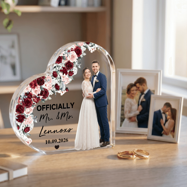 Personalized Flower Couple Photo Heart-Shaped Acrylic Plaque with Surname and Date Home Decor Wedding Birthday Gift for Couple Newlywed