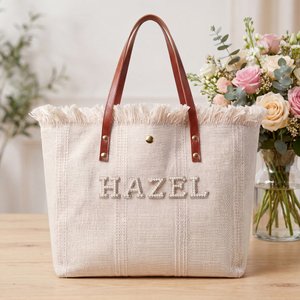 Bolso tote de lona tejida personalizado con nombre de perlas y borlas uso diario vacaciones en la playa regalo de cumpleaños para mujer