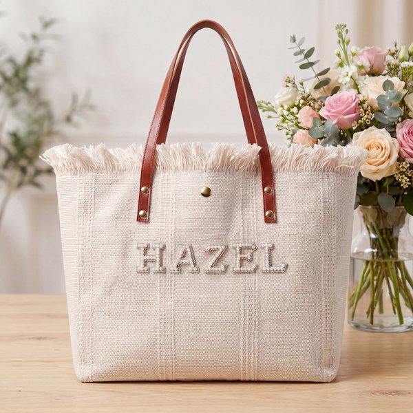 Personalised Pearl Name Tassel Trim Woven Canvas Tote Bag Daily Use Beach Vacation Birthday Gift for Women