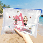 Personalized Cartoon Character Initial Waterproof Transparent Mesh Pool Bag with Birth Flower and Name Beach Party Daily Use Birthday Gift for Women
