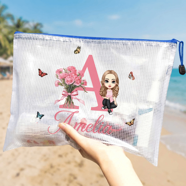 Personalised Cartoon Character Initial Waterproof Transparent Mesh Pool Bag with Birth Flower and Name Beach Party Daily Use Birthday Gift for Women