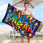 Asciugamano da spiaggia personalizzato in microfibra con nome, musica, sport, stelle, graffiti, asciugatura rapida, regalo di compleanno per bambini e famiglie.