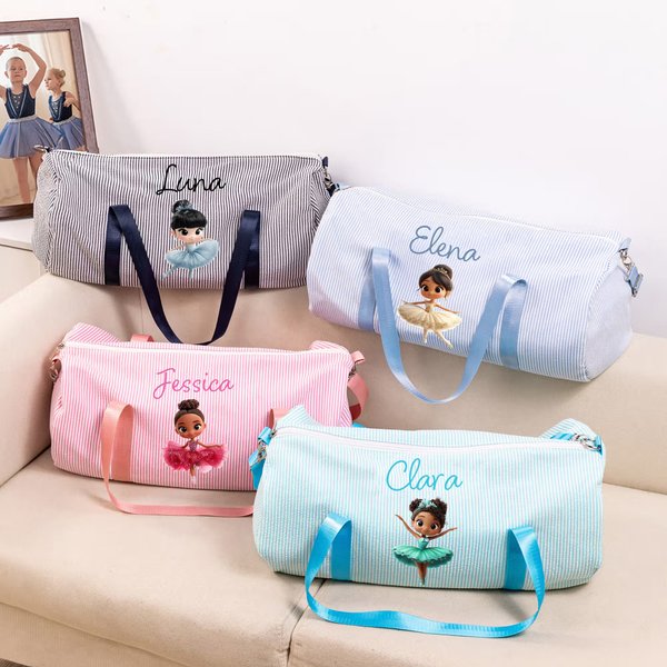 Borsa da danza a righe personalizzata con nome e tracolla, a tema danza classica - Regalo di compleanno per ragazze e amanti della danza
