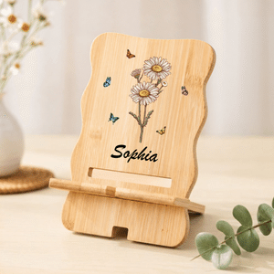 Support de téléphone et tablette en bois personnalisé avec nom et fleur de naissance - Cadeau d'usage quotidien pour famille amis collègues