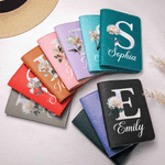 Personalised Mother of Pearl Effect Birth Flower Initial PU Leather Passport Holder Luggage Tag Set with Name Birthday Gift for Travel Enthusiast