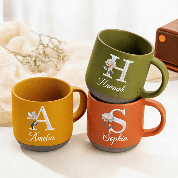 Personalised Mother of Pearl Effect Birth Flower Large Pottery Ceramic Mug with Name Office Daily Drinking Birthday Gift for Woman Sister Girlfriend