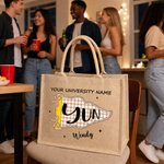 Personalized Ditsy Floral Gingham College Pennant Large Jute Bag with Name Daily Use Travel Graduation Gift for Graduates College Students