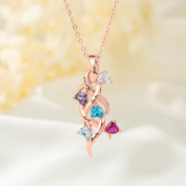 Personalised Dainty Family Heart Birthstone Necklace with 1-6 Names Birthday Mother's Day Gift for Mom Grandma Woman
