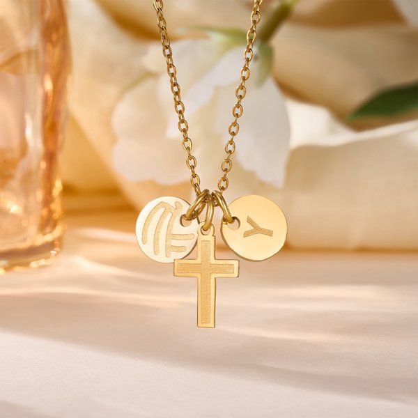Personalised Volleyball Cross Initial Stainless Steel Necklace with Daily Use Birthday Gift for Volleyball Players Christian
