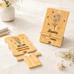 Personalized Retro Birth Flower Butterfly Wooden Phone Holder with Name Office Home Daily Use Birthday Gift for Family Friends Colleagues