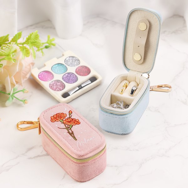 Personalizzato Elegante Fiore di Nascita Portagioie in Velluto con Nome Accessorio da Viaggio Compleanno Regalo di Nozze per Donne Damigelle d'onore