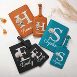 Personalised Mother of Pearl Effect Birth Flower Initial PU Leather Passport Holder Luggage Tag Set with Name Birthday Gift for Travel Enthusiast