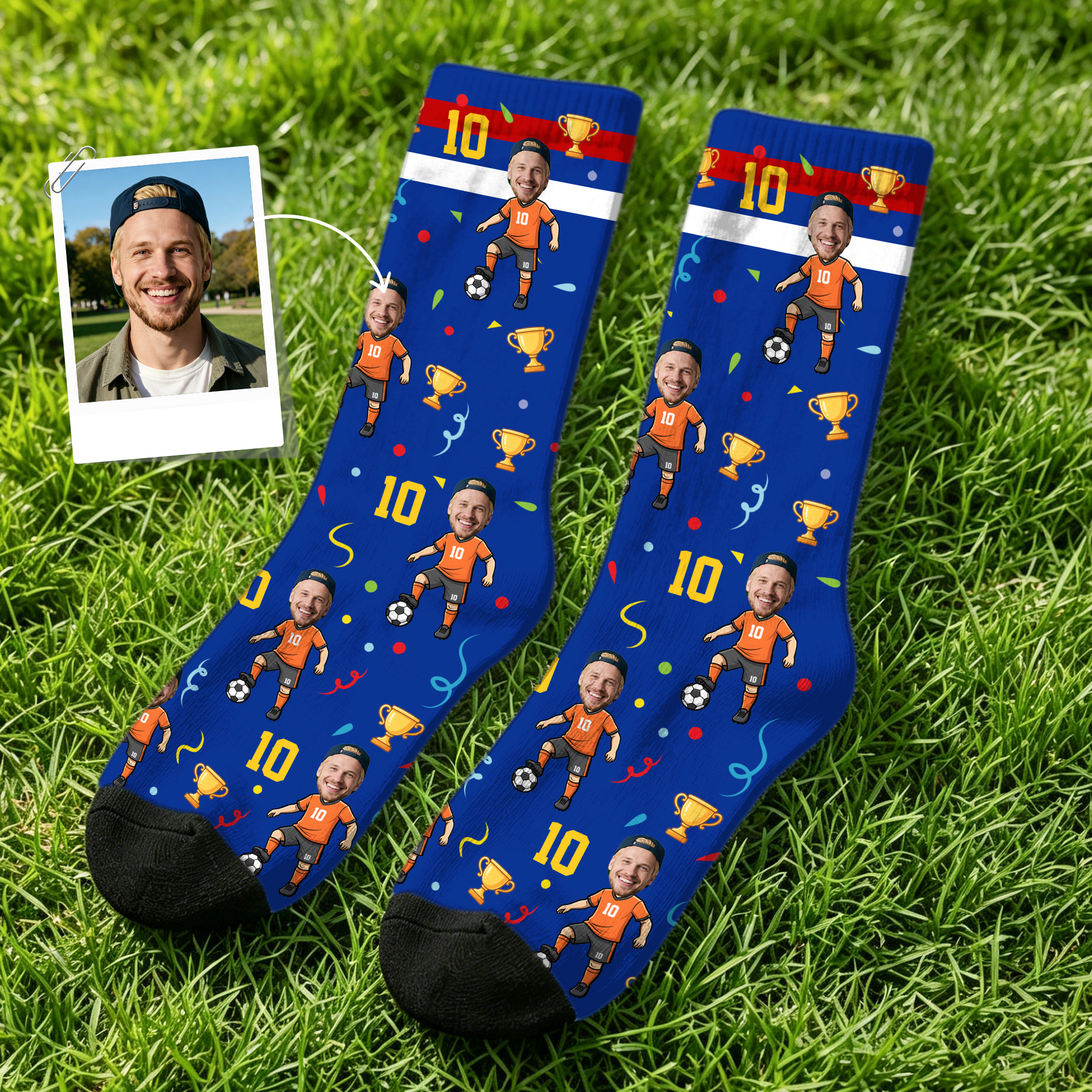 Individuell gestaltete, lustige Fußball-Socken mit Foto, atmungsaktiv, wadenhoch, mit Namen und Nummer – Alltagsbekleidung, WM-Geschenk, Geburtstagsgeschenk für Männer und Kinder, die Fußball lieben