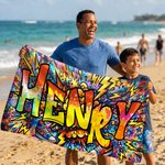 Asciugamano da spiaggia personalizzato in microfibra con nome, musica, sport, stelle, graffiti, asciugatura rapida, regalo di compleanno per bambini e famiglie.