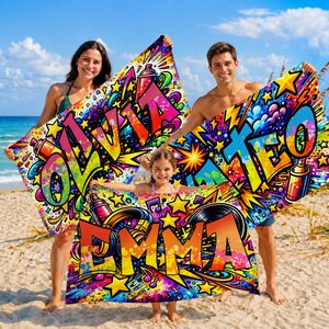 Gepersonaliseerd graffiti design met muziek sport sterren sneldrogend extra groot microfiber strandlaken met naam verjaardagscadeau voor kind familie