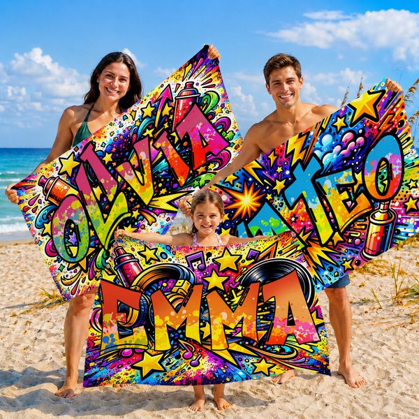 Asciugamano da spiaggia personalizzato in microfibra con nome, musica, sport, stelle, graffiti, asciugatura rapida, regalo di compleanno per bambini e famiglie.