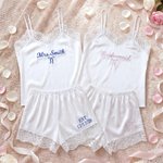 Personalized Elegant Soft Satin Lace-Trim Embroidered Pajama Set with Text and Date Bridal Shower Honeymoon Gift for Bride to Be