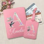 Personalised Mother of Pearl Effect Birth Flower Initial PU Leather Passport Holder Luggage Tag Set with Name Birthday Gift for Travel Enthusiast