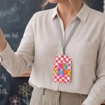 Personalized Multicolor Plaid Flower ID Card Holder with Title and Surname Teacher's Day Birthday Gift for Teacher