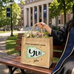 Personalized Ditsy Floral Gingham College Pennant Large Jute Bag with Name Daily Use Travel Graduation Gift for Graduates College Students