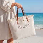 Personalised Pearl Name Tassel Trim Woven Canvas Tote Bag Daily Use Beach Vacation Birthday Gift for Women