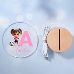 Personalized 3D Soccer Cartoon Character LED Night Light with Name Initial and Wooden Base Room Decor Birthday Gift for Boys Girls