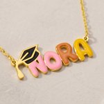 Personalized Cute Colorful Enamel Bubble Letters Graduation Cap Necklace with Name Dainty Jewelry Birthday Graduation Anniversary Gift for Graduates
