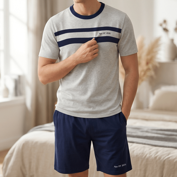 Personalized Simple Short-Sleeve Pajama Matching Shorts Set with Text Summer Home Clothing Father's Day Birthday Gift for Men