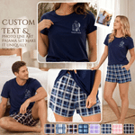 Personalized Line Drawing Photo Plaid Lounge Pajama Set with Text Father's Day Birthday Anniversary Gift for Woman Man Couple