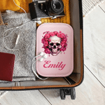 Personalized Birth Flower Skull PU Leather Jewelry Box with Name and LED Three-Color Adjustable Makeup Mirror Birthday Gift for Goth Enthusiast Girl