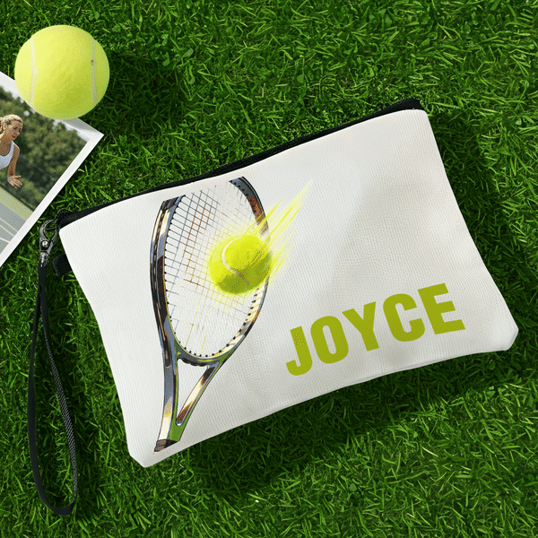 Personalized Tennis Ball Pattern Durable Makeup Bag with Name and Wrist Strap Daily Use Birthday Gift for Tennis Lover Player Coach