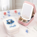 Personalized Birth Flower Skull PU Leather Jewelry Box with Name and LED Three-Color Adjustable Makeup Mirror Birthday Gift for Goth Enthusiast Girl