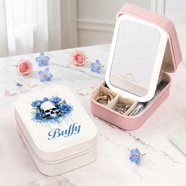 Portagioie personalizzato in pelle PU con nome e specchio per il trucco regolabile a tre colori a LED Regalo di compleanno per ragazza appassionata di goth.