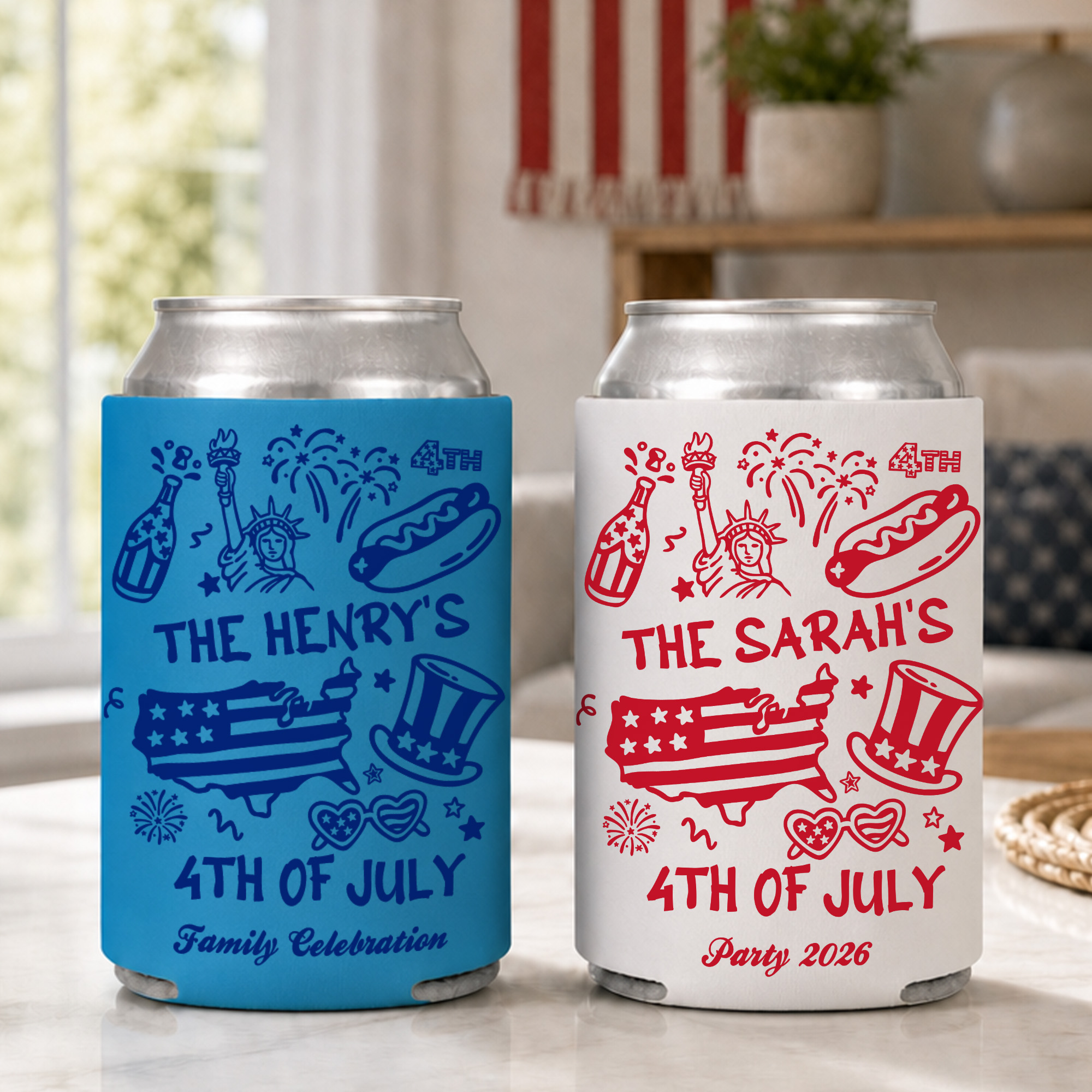 Personalized American Flag Statue of Liberty Firework Beer Can Cooler Sleeve with Text Independence Day Party Gift for Family Friends