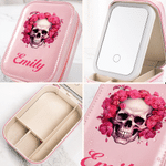 Personalized Birth Flower Skull PU Leather Jewelry Box with Name and LED Three-Color Adjustable Makeup Mirror Birthday Gift for Goth Enthusiast Girl