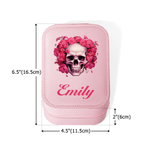 Personalized Birth Flower Skull PU Leather Jewelry Box with Name and LED Three-Color Adjustable Makeup Mirror Birthday Gift for Goth Enthusiast Girl